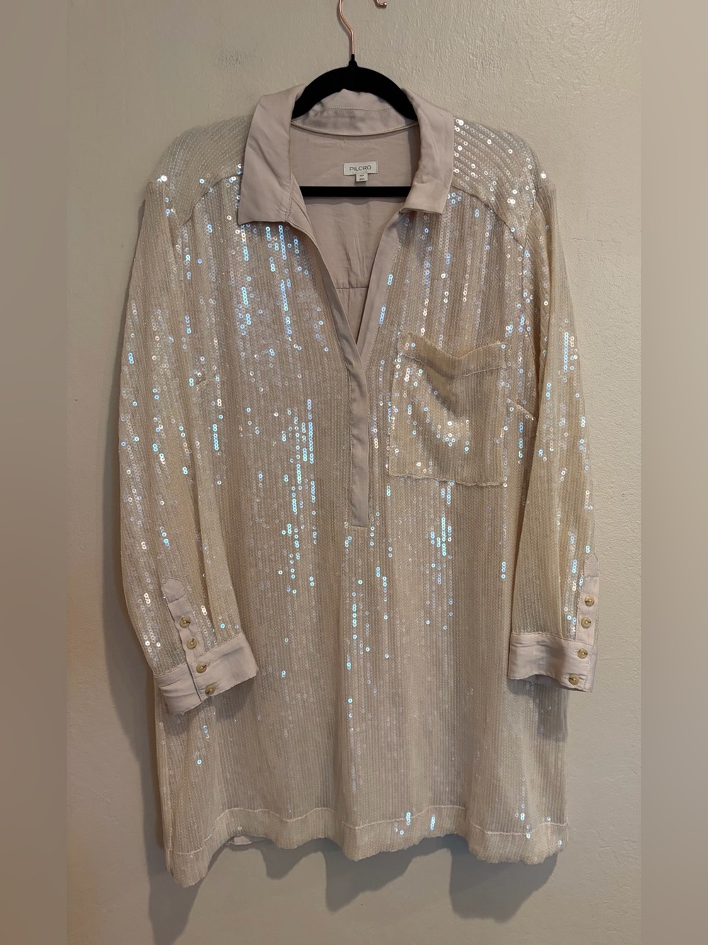 Pilcro Champagne Sequin Midi Dress w/ Long Sleeves, Collar, Partial Button Front